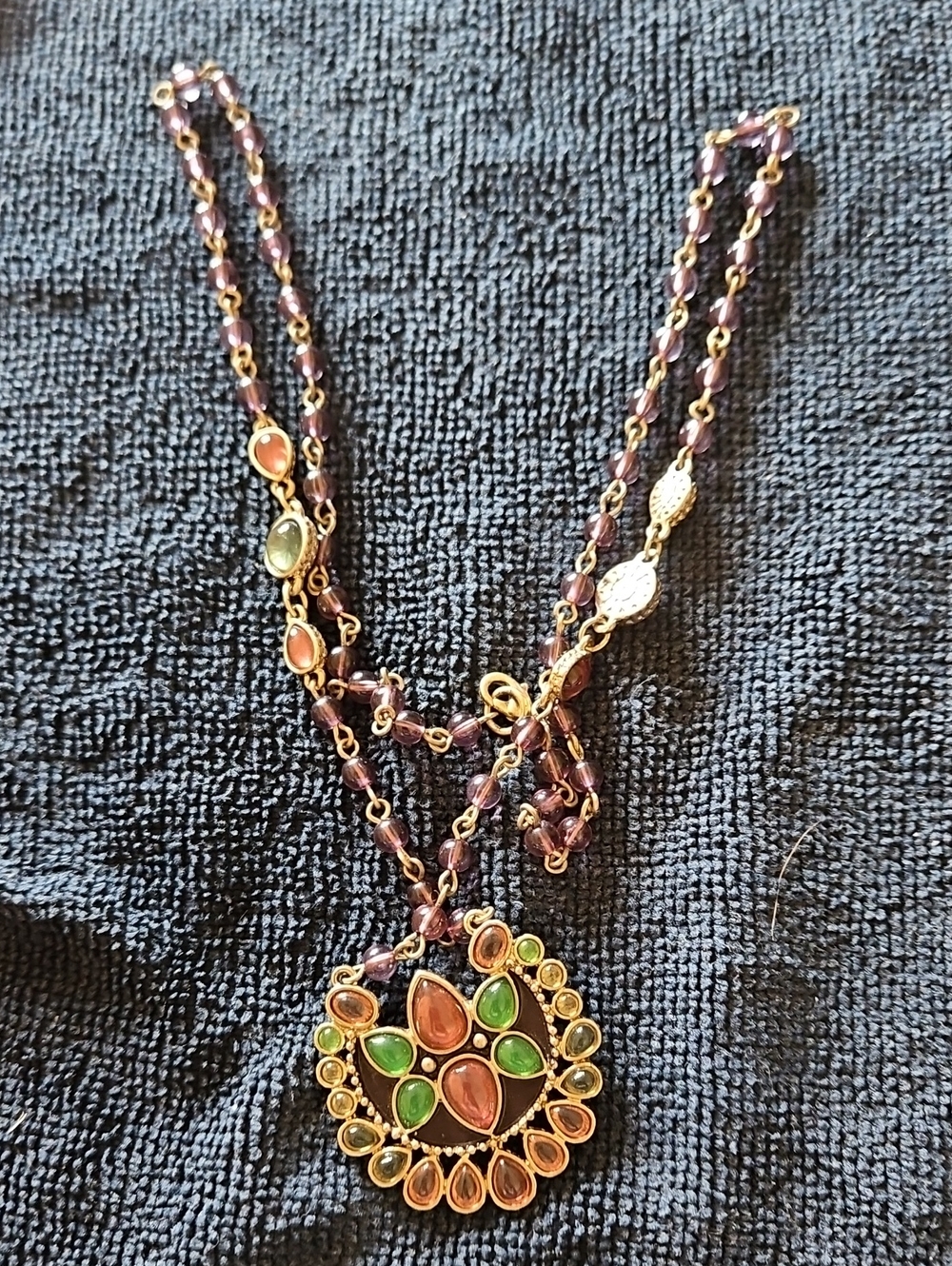 Antique Gold-Tone Green & Pink Gemstone Pendant Necklace - Women Jewelry